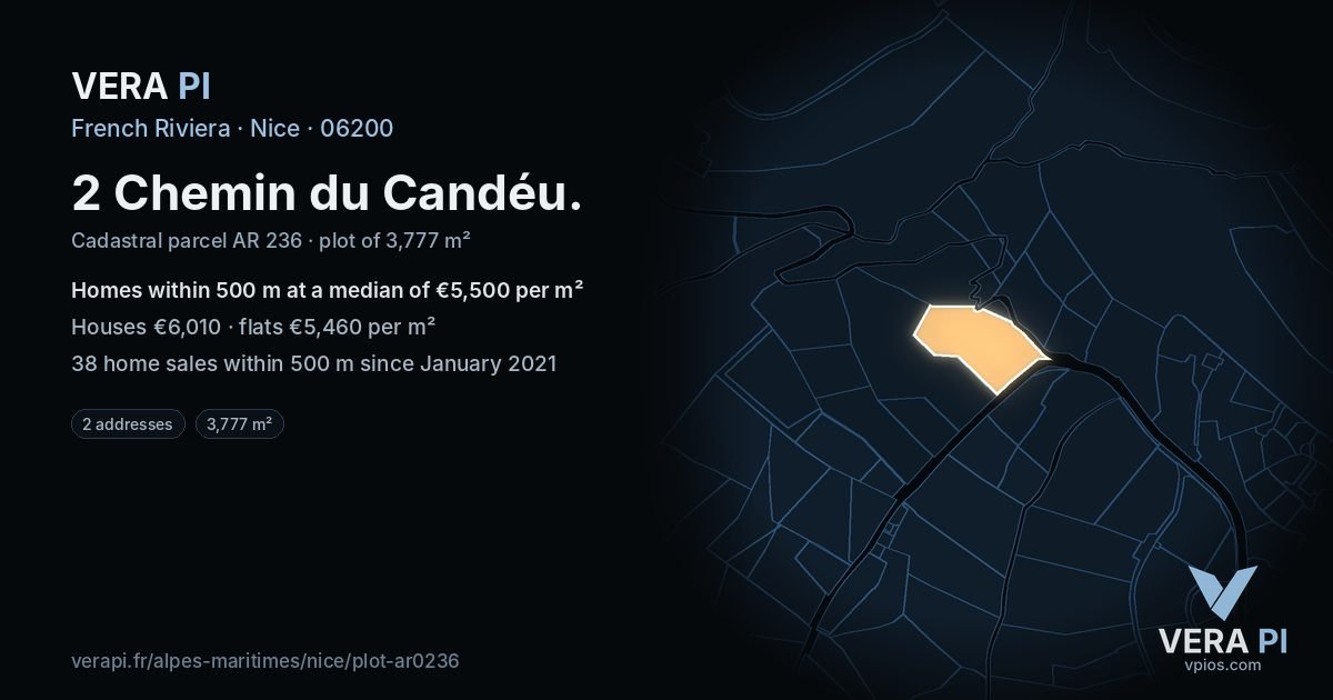 2 Chemin du Candéu, Nice at night – the plot lit, the parcels around coloured by the prices near them