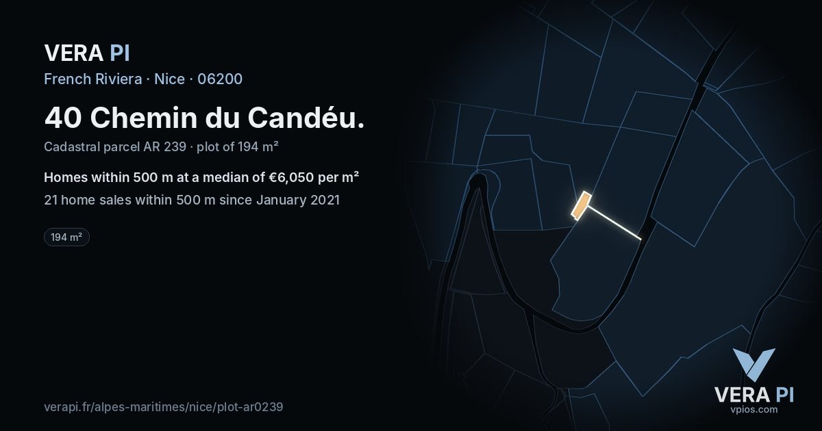 40 Chemin du Candéu, Nice at night – the plot lit, the parcels around coloured by the prices near them