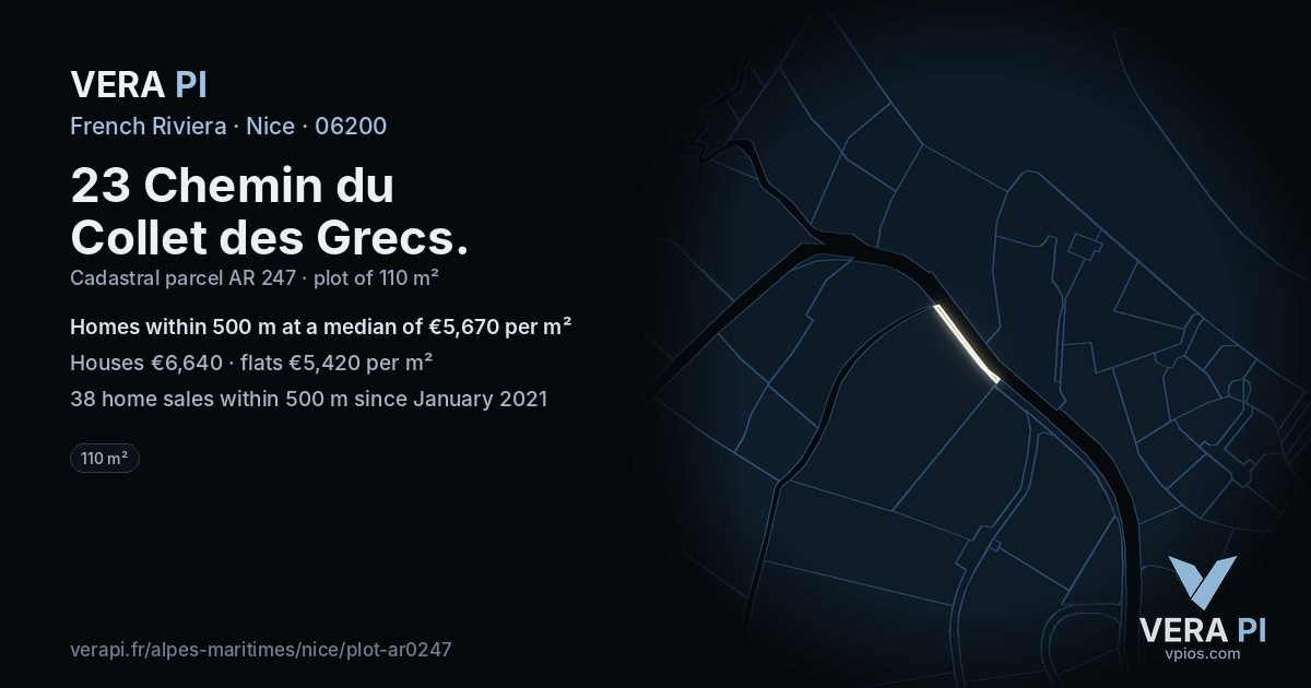 23 Chemin du Collet des Grecs, Nice at night – the plot lit, the parcels around coloured by the prices near them