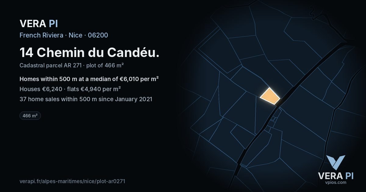 14 Chemin du Candéu, Nice at night – the plot lit, the parcels around coloured by the prices near them
