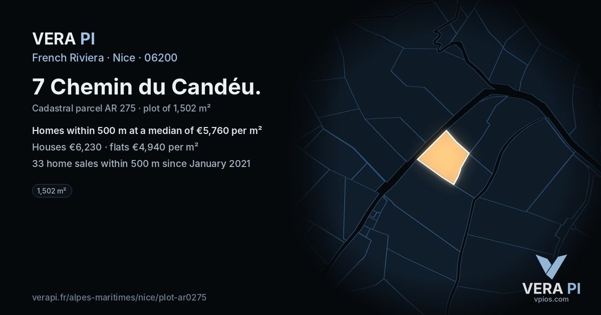 7 Chemin du Candéu, Nice at night – the plot lit, the parcels around coloured by the prices near them