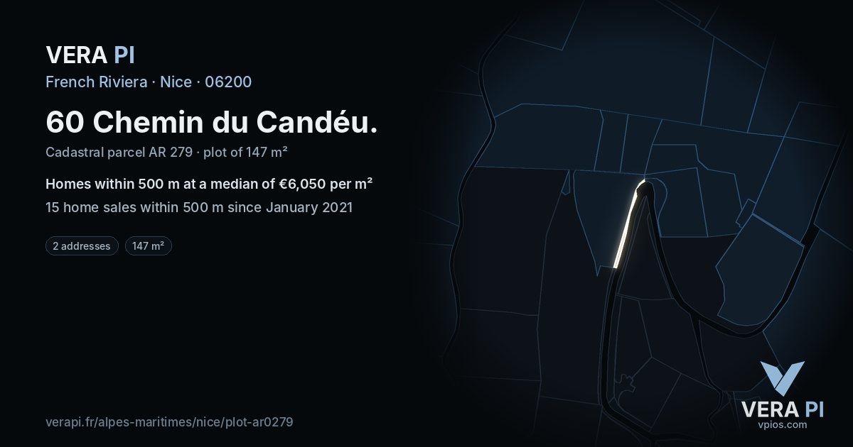 60 Chemin du Candéu, Nice at night – the plot lit, the parcels around coloured by the prices near them