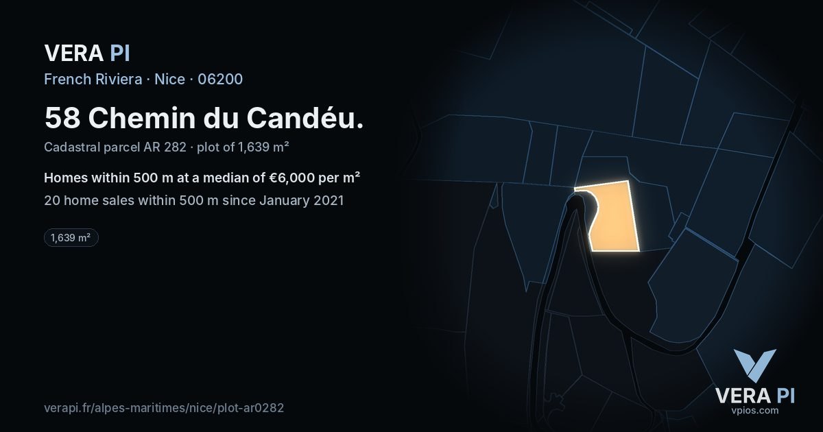 58 Chemin du Candéu, Nice at night – the plot lit, the parcels around coloured by the prices near them