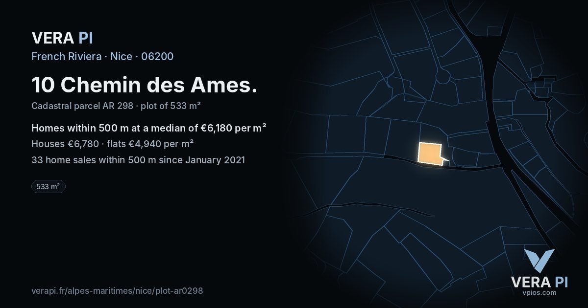 10 Chemin des Ames, Nice at night – the plot lit, the parcels around coloured by the prices near them