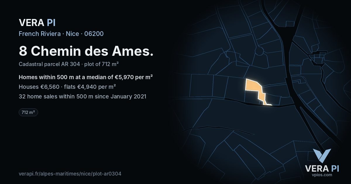 8 Chemin des Ames, Nice at night – the plot lit, the parcels around coloured by the prices near them