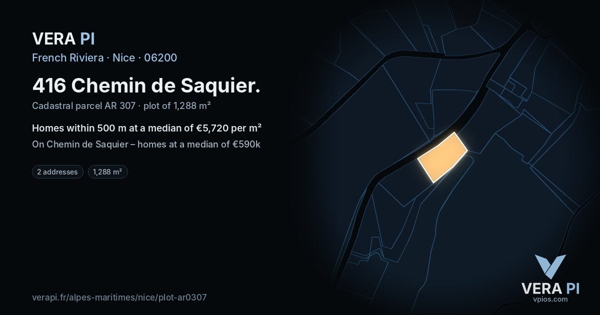 416 Chemin de Saquier, Nice at night – the plot lit, the parcels around coloured by the prices near them