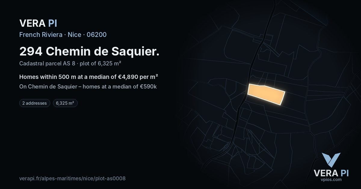 294 Chemin de Saquier, Nice at night – the plot lit, the parcels around coloured by the prices near them