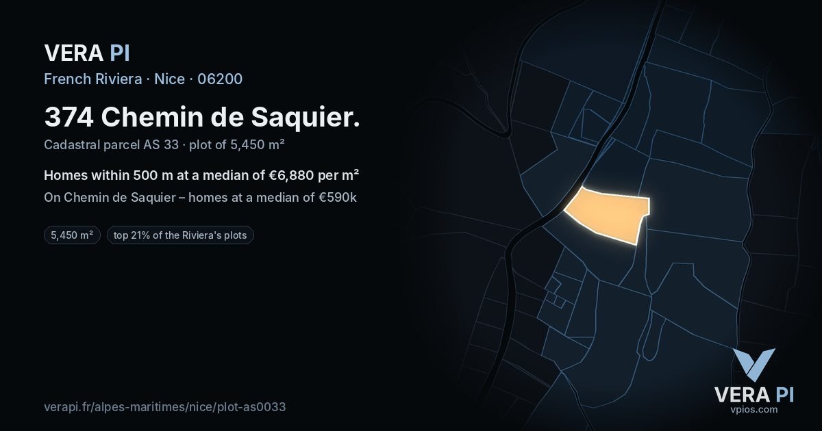 374 Chemin de Saquier, Nice at night – the plot lit, the parcels around coloured by the prices near them