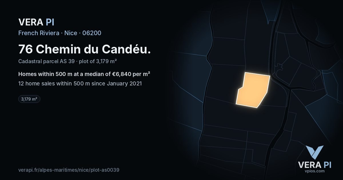 76 Chemin du Candéu, Nice at night – the plot lit, the parcels around coloured by the prices near them