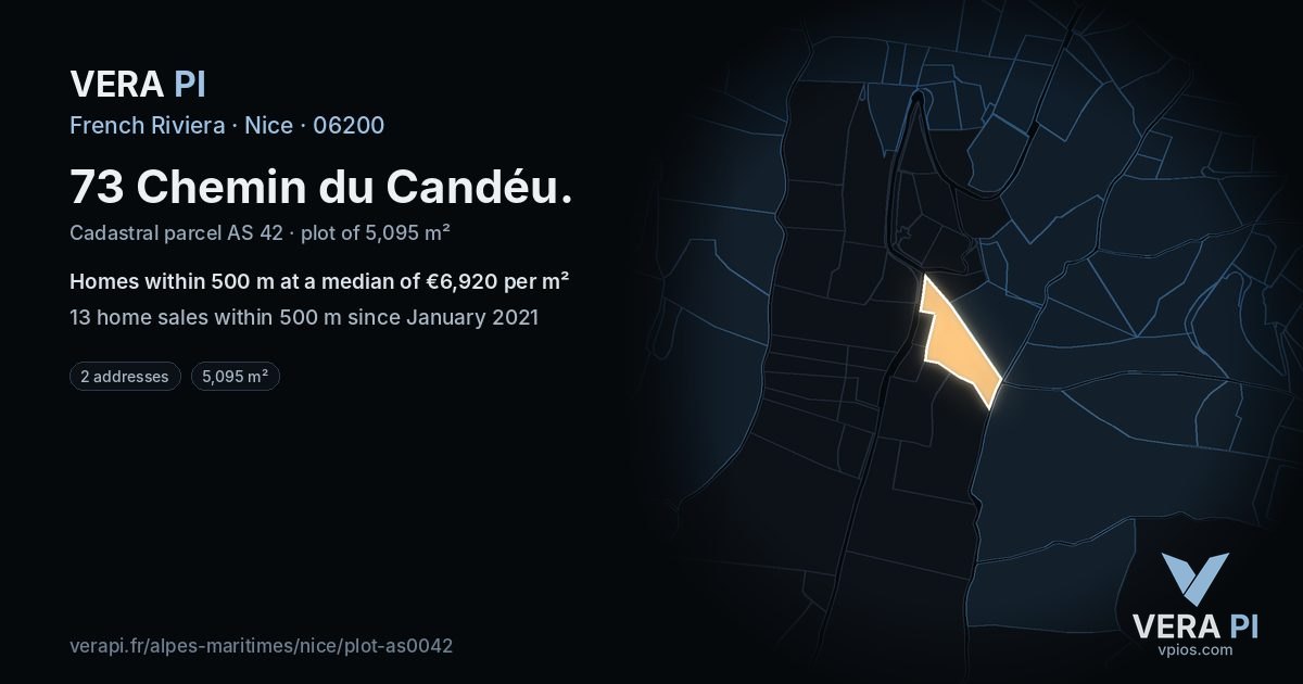 73 Chemin du Candéu, Nice at night – the plot lit, the parcels around coloured by the prices near them