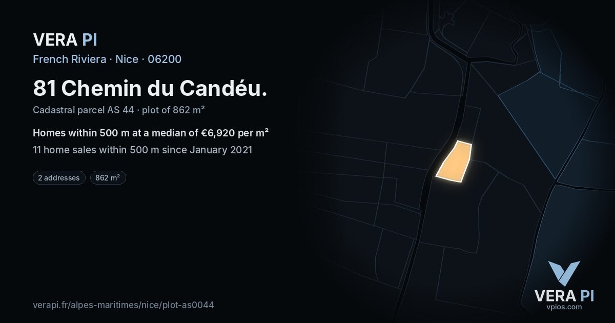 81 Chemin du Candéu, Nice at night – the plot lit, the parcels around coloured by the prices near them