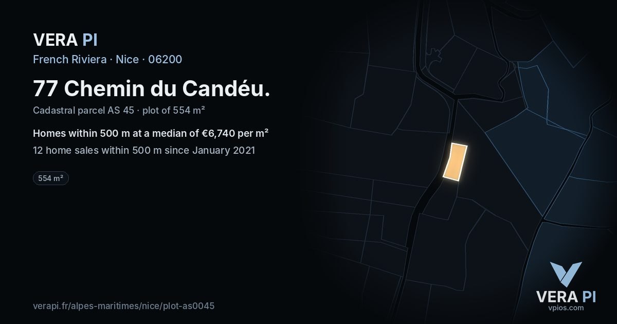 77 Chemin du Candéu, Nice at night – the plot lit, the parcels around coloured by the prices near them