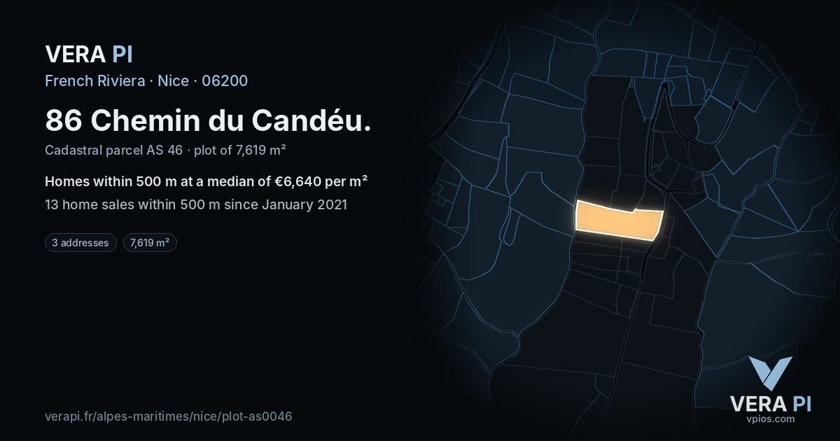86 Chemin du Candéu, Nice at night – the plot lit, the parcels around coloured by the prices near them