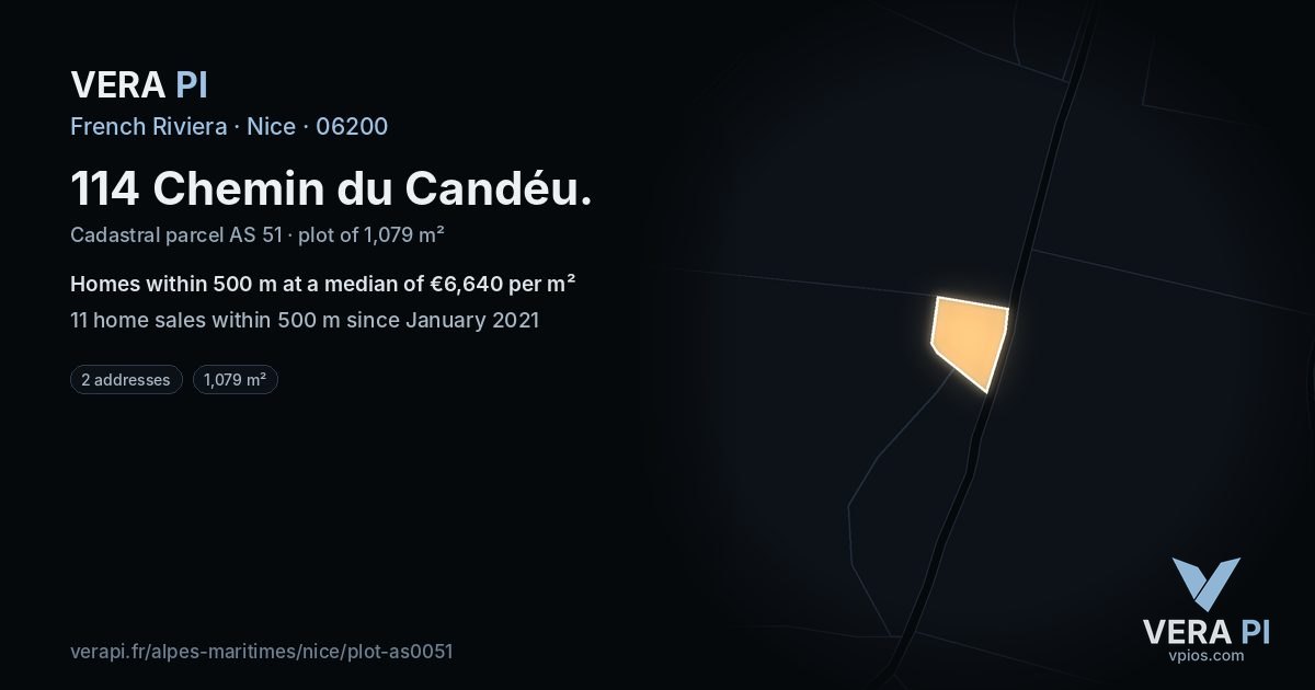 114 Chemin du Candéu, Nice at night – the plot lit, the parcels around coloured by the prices near them