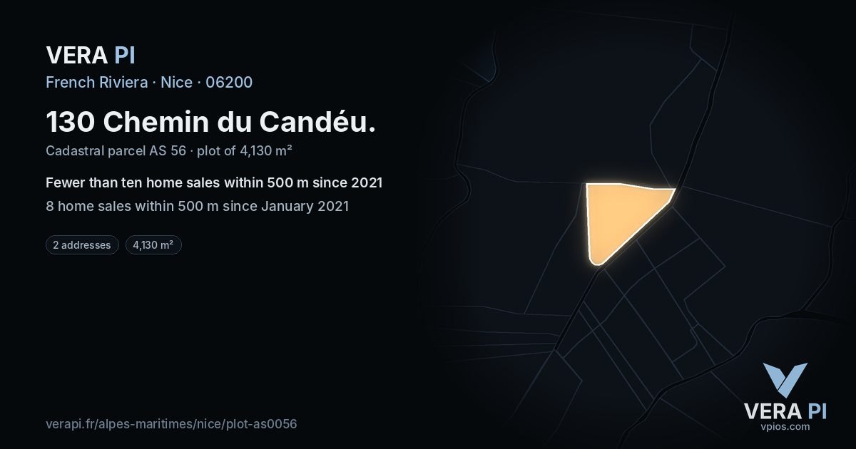 130 Chemin du Candéu, Nice at night – the plot lit, the parcels around coloured by the prices near them