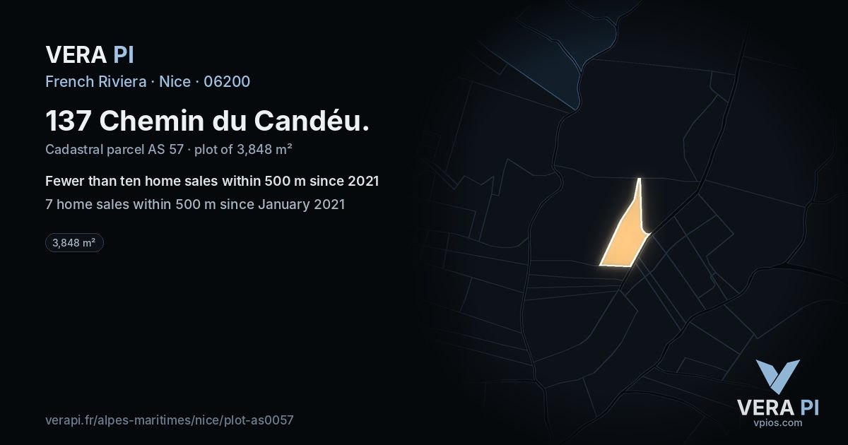 137 Chemin du Candéu, Nice at night – the plot lit, the parcels around coloured by the prices near them
