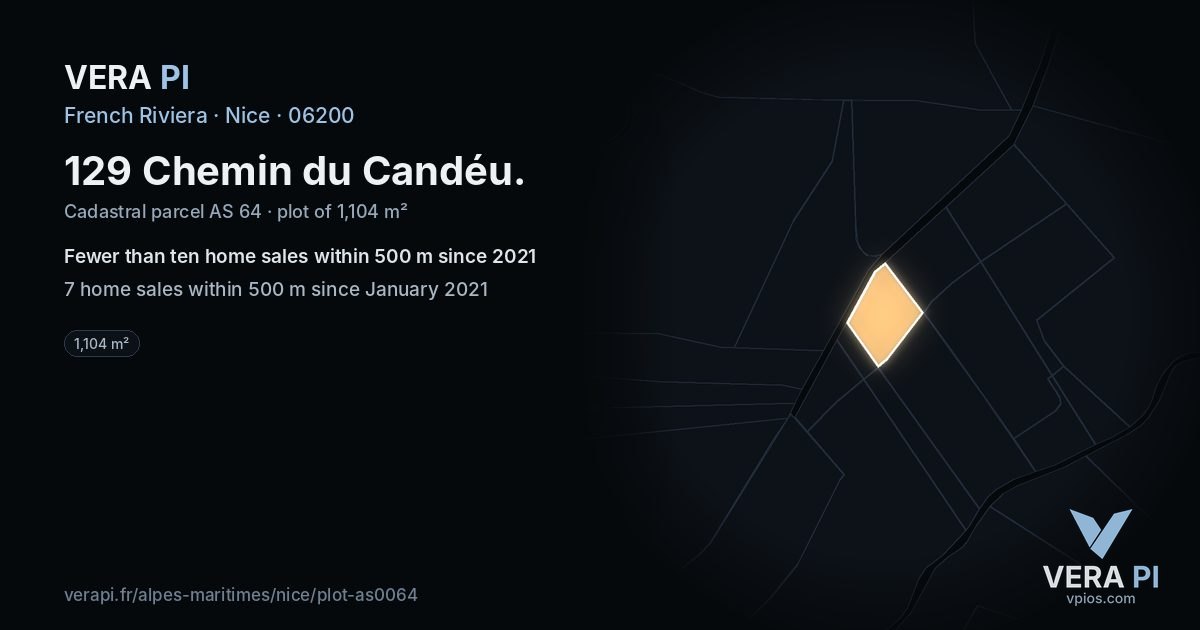 129 Chemin du Candéu, Nice at night – the plot lit, the parcels around coloured by the prices near them