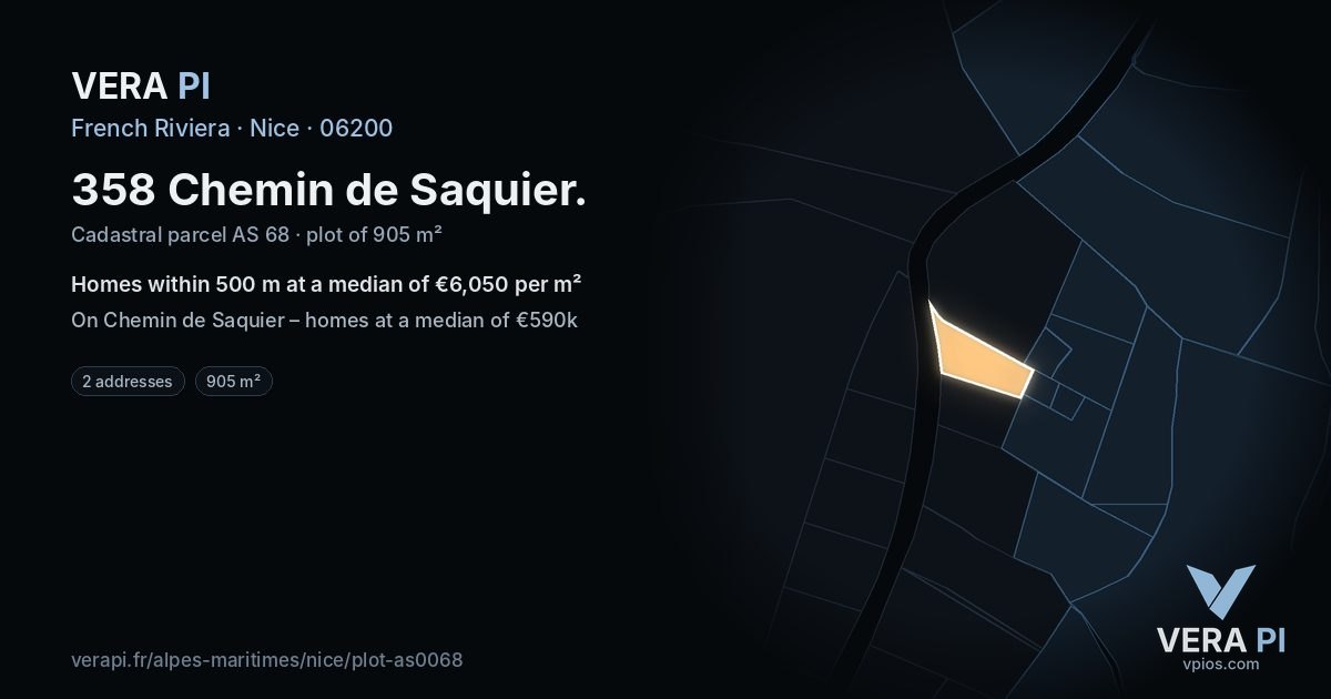 358 Chemin de Saquier, Nice at night – the plot lit, the parcels around coloured by the prices near them