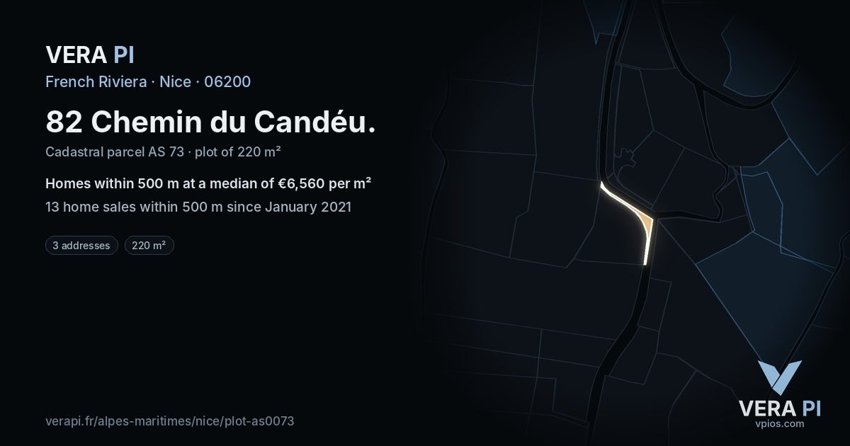 82 Chemin du Candéu, Nice at night – the plot lit, the parcels around coloured by the prices near them
