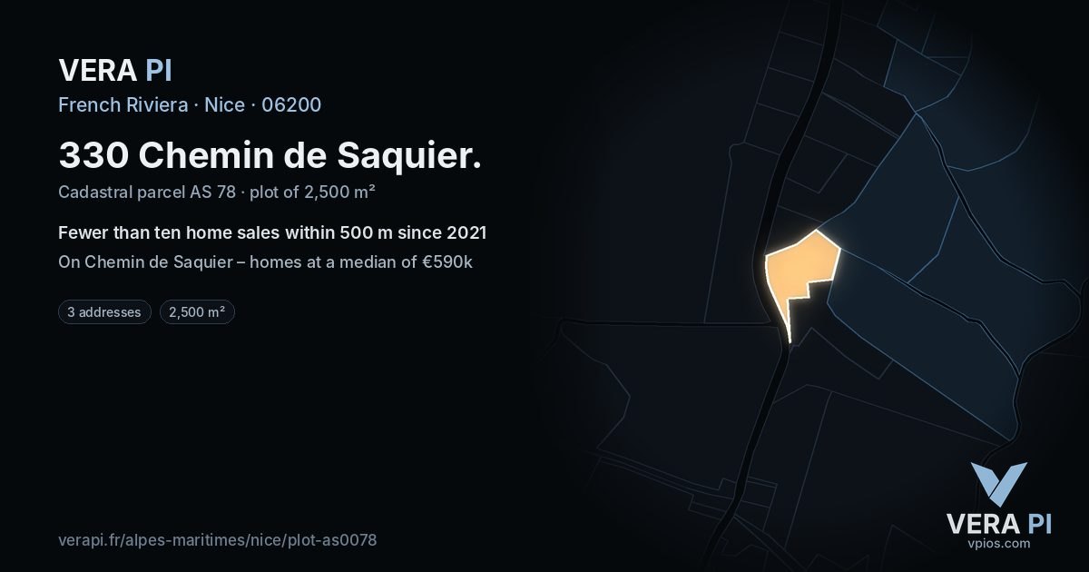 330 Chemin de Saquier, Nice at night – the plot lit, the parcels around coloured by the prices near them