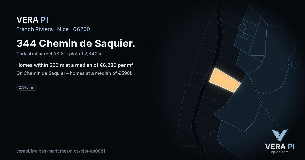344 Chemin de Saquier, Nice at night – the plot lit, the parcels around coloured by the prices near them