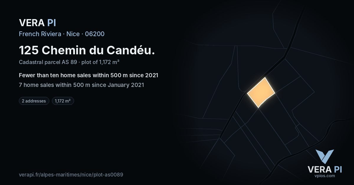 125 Chemin du Candéu, Nice at night – the plot lit, the parcels around coloured by the prices near them