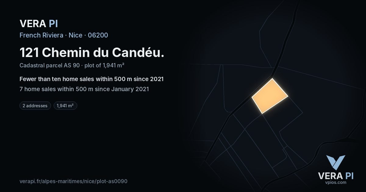 121 Chemin du Candéu, Nice at night – the plot lit, the parcels around coloured by the prices near them