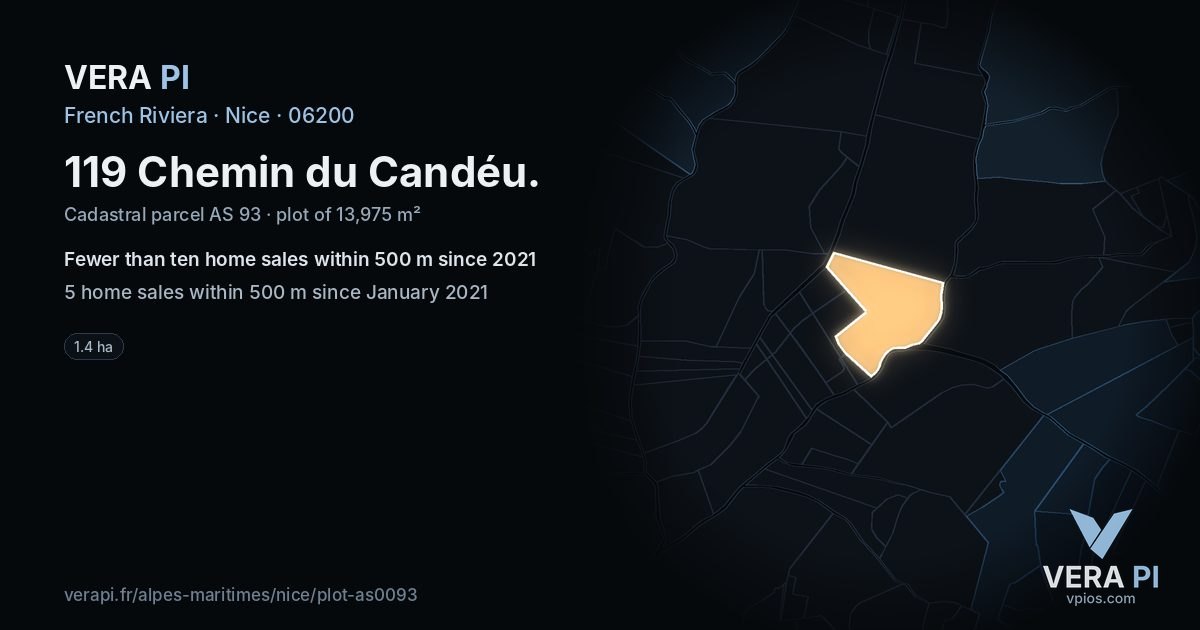 119 Chemin du Candéu, Nice at night – the plot lit, the parcels around coloured by the prices near them