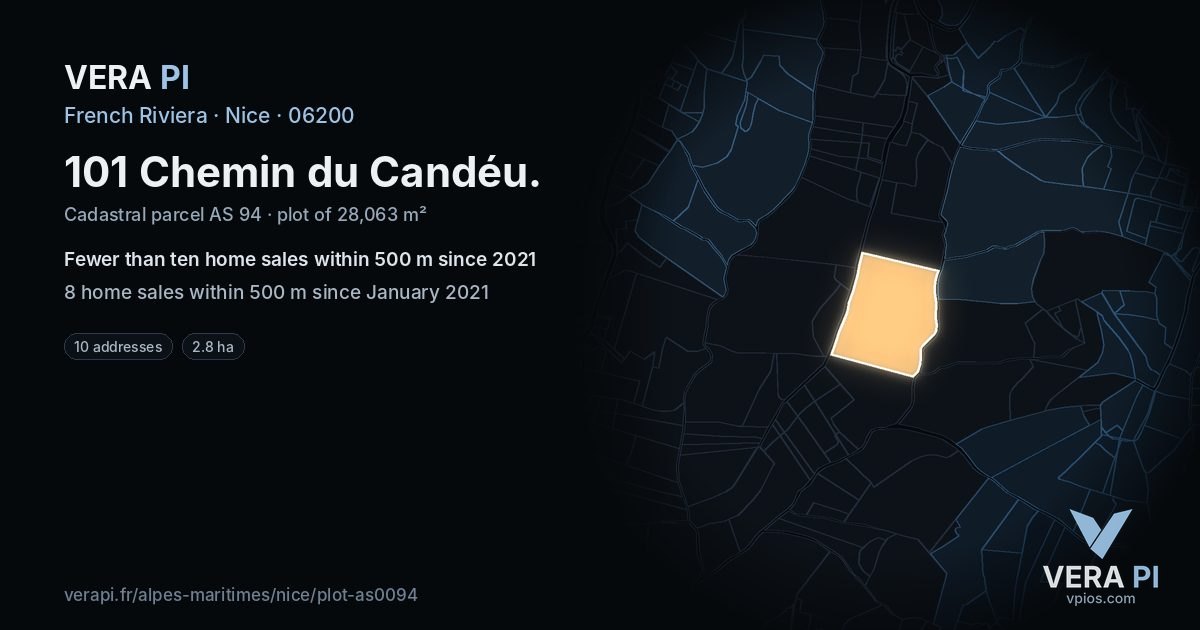 101 Chemin du Candéu, Nice at night – the plot lit, the parcels around coloured by the prices near them