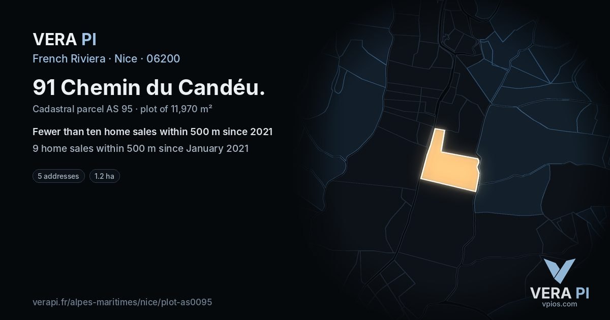 91 Chemin du Candéu, Nice at night – the plot lit, the parcels around coloured by the prices near them