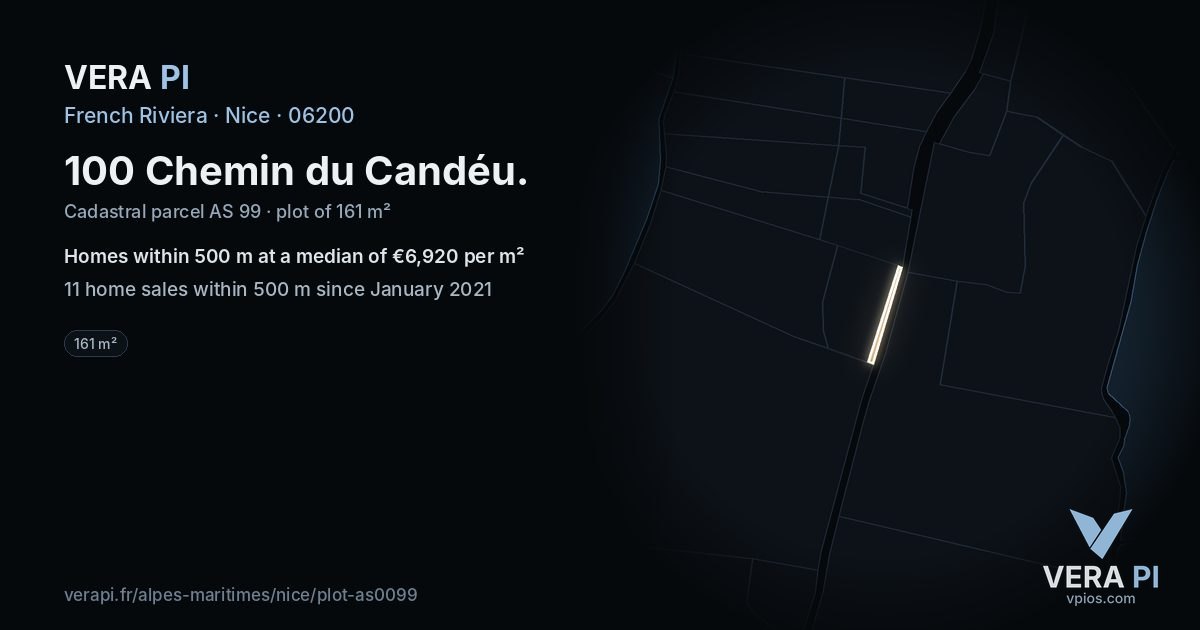 100 Chemin du Candéu, Nice at night – the plot lit, the parcels around coloured by the prices near them