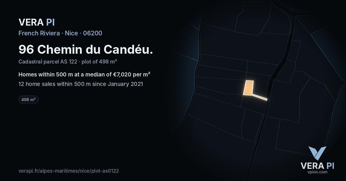 96 Chemin du Candéu, Nice at night – the plot lit, the parcels around coloured by the prices near them