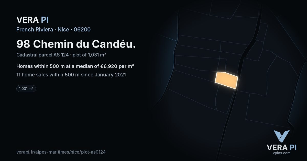 98 Chemin du Candéu, Nice at night – the plot lit, the parcels around coloured by the prices near them