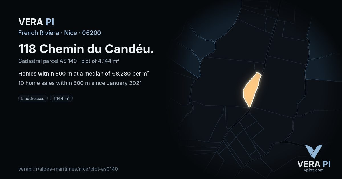 118 Chemin du Candéu, Nice at night – the plot lit, the parcels around coloured by the prices near them