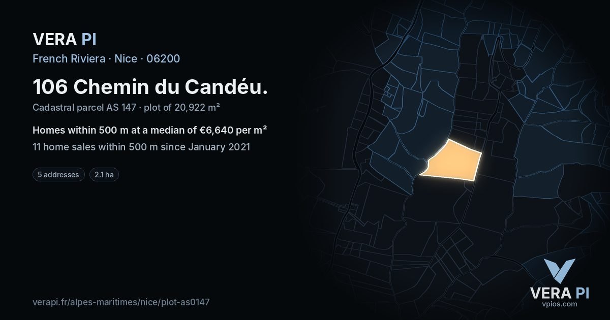 106 Chemin du Candéu, Nice at night – the plot lit, the parcels around coloured by the prices near them