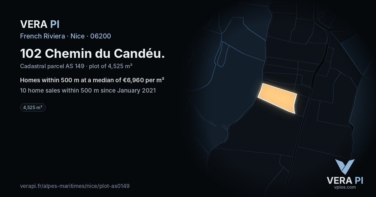 102 Chemin du Candéu, Nice at night – the plot lit, the parcels around coloured by the prices near them