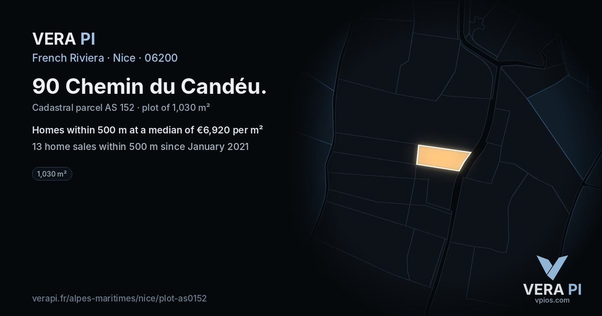 90 Chemin du Candéu, Nice at night – the plot lit, the parcels around coloured by the prices near them
