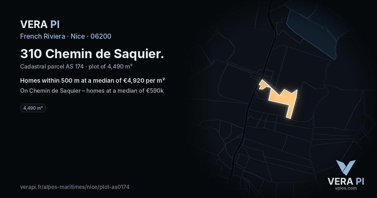 310 Chemin de Saquier, Nice at night – the plot lit, the parcels around coloured by the prices near them