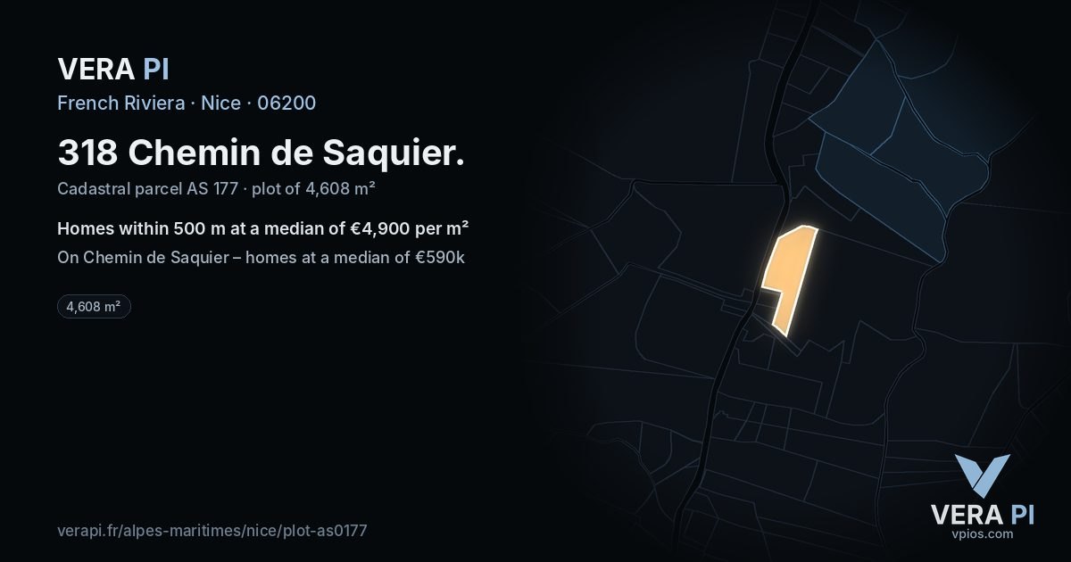 318 Chemin de Saquier, Nice at night – the plot lit, the parcels around coloured by the prices near them