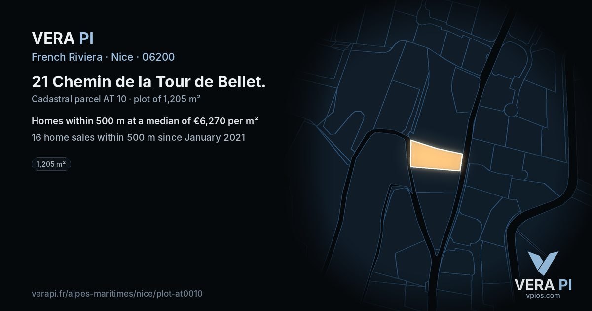 21 Chemin de la Tour de Bellet, Nice at night – the plot lit, the parcels around coloured by the prices near them