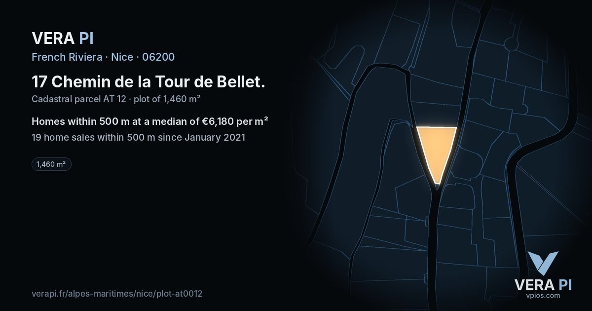 17 Chemin de la Tour de Bellet, Nice at night – the plot lit, the parcels around coloured by the prices near them