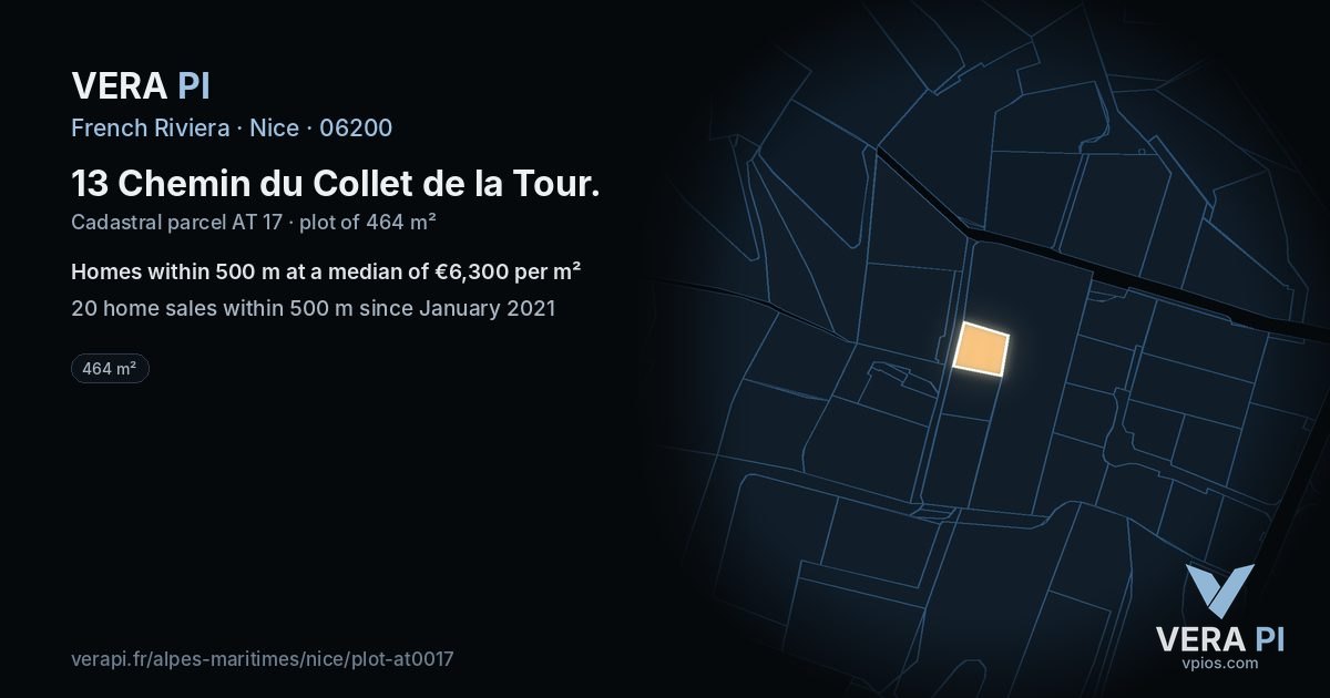 13 Chemin du Collet de la Tour, Nice at night – the plot lit, the parcels around coloured by the prices near them