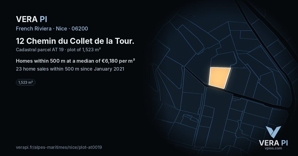 12 Chemin du Collet de la Tour, Nice at night – the plot lit, the parcels around coloured by the prices near them