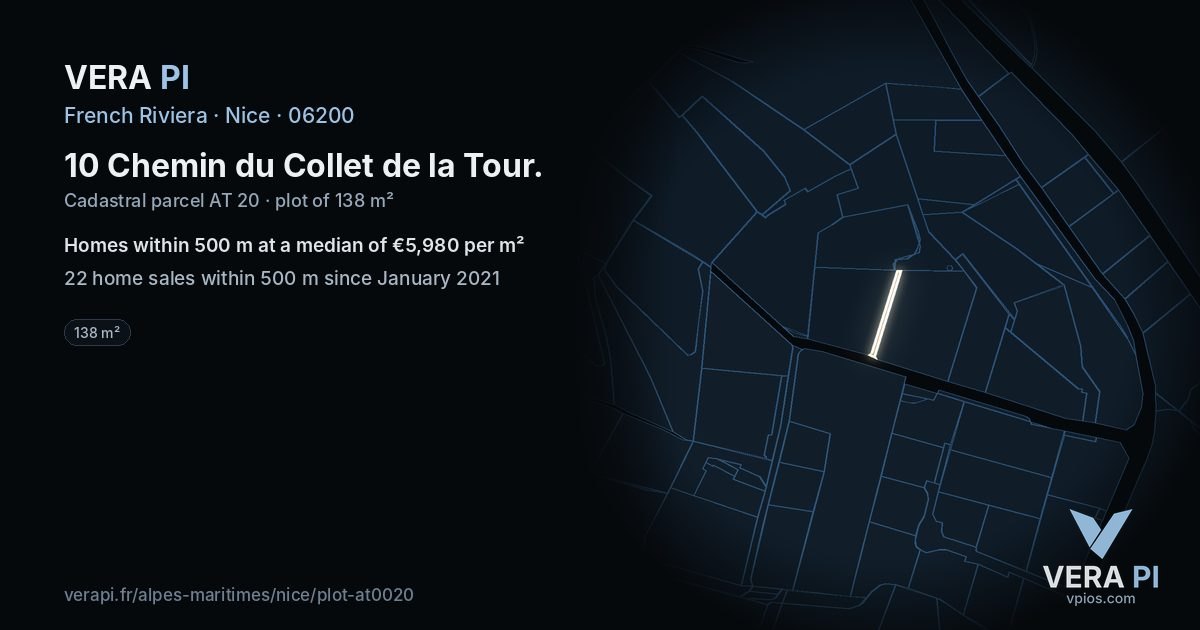 10 Chemin du Collet de la Tour, Nice at night – the plot lit, the parcels around coloured by the prices near them