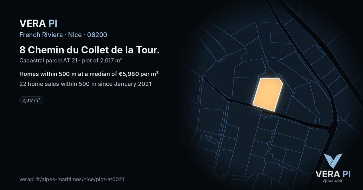 8 Chemin du Collet de la Tour, Nice at night – the plot lit, the parcels around coloured by the prices near them