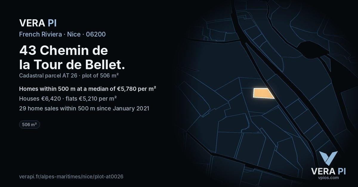 43 Chemin de la Tour de Bellet, Nice at night – the plot lit, the parcels around coloured by the prices near them