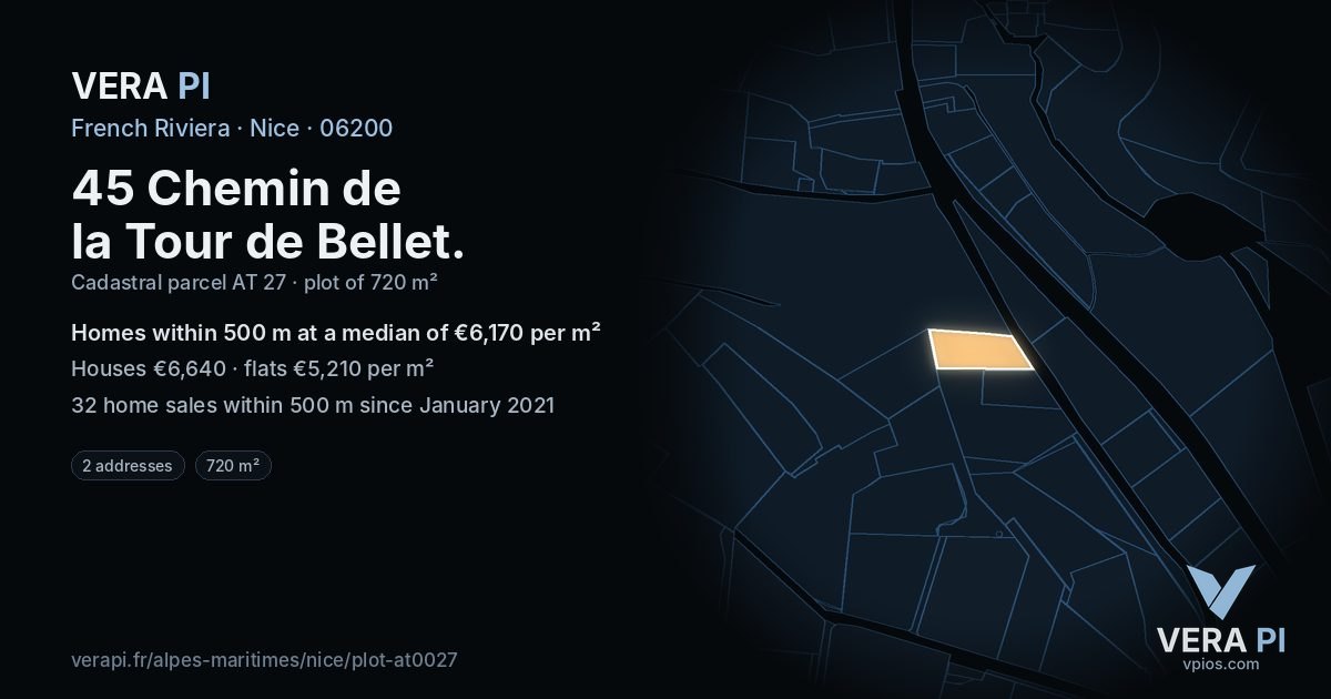 45 Chemin de la Tour de Bellet, Nice at night – the plot lit, the parcels around coloured by the prices near them