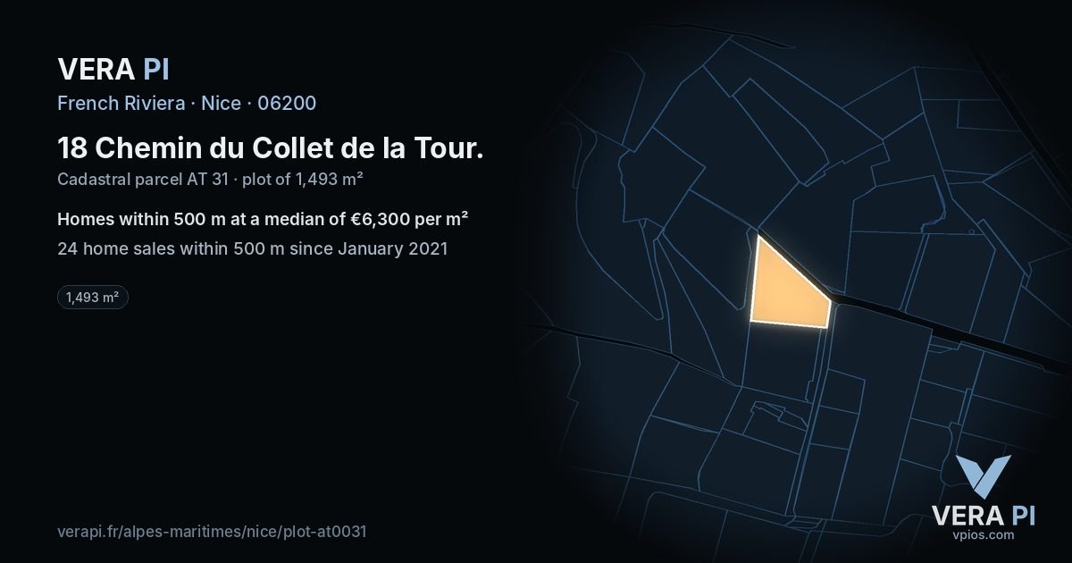 18 Chemin du Collet de la Tour, Nice at night – the plot lit, the parcels around coloured by the prices near them