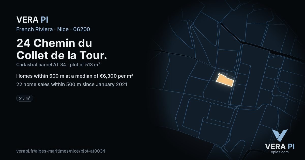24 Chemin du Collet de la Tour, Nice at night – the plot lit, the parcels around coloured by the prices near them