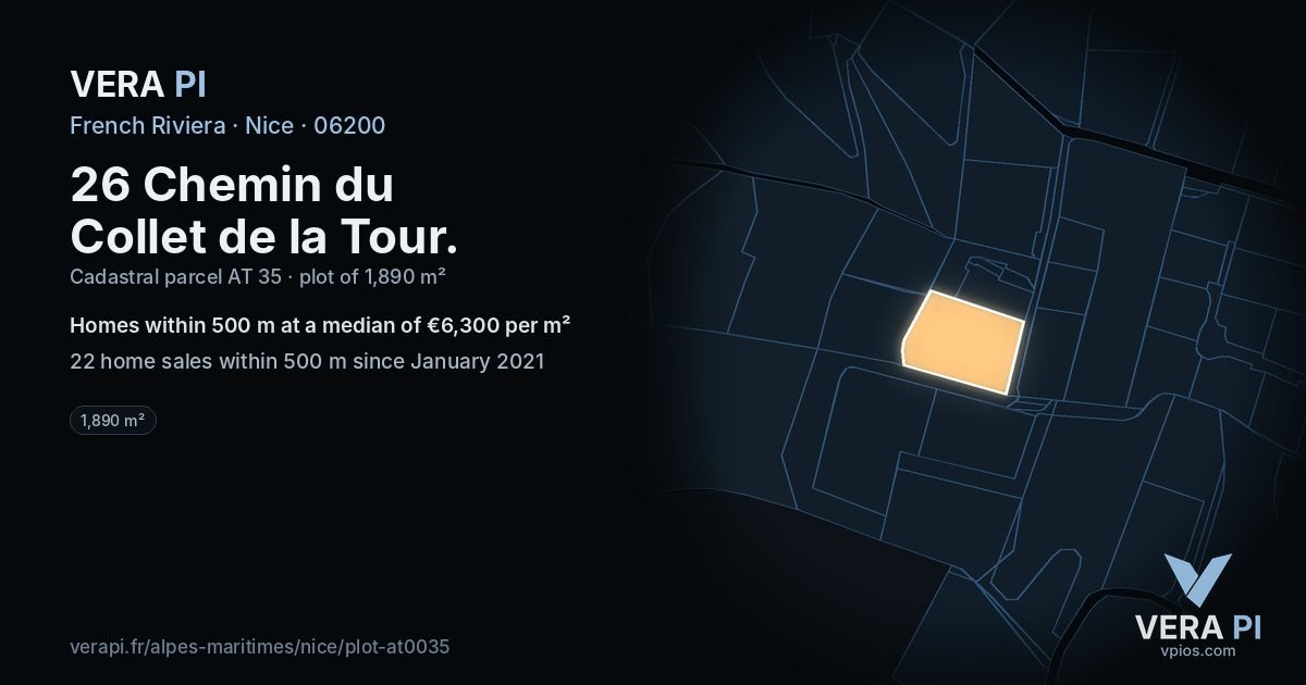26 Chemin du Collet de la Tour, Nice at night – the plot lit, the parcels around coloured by the prices near them